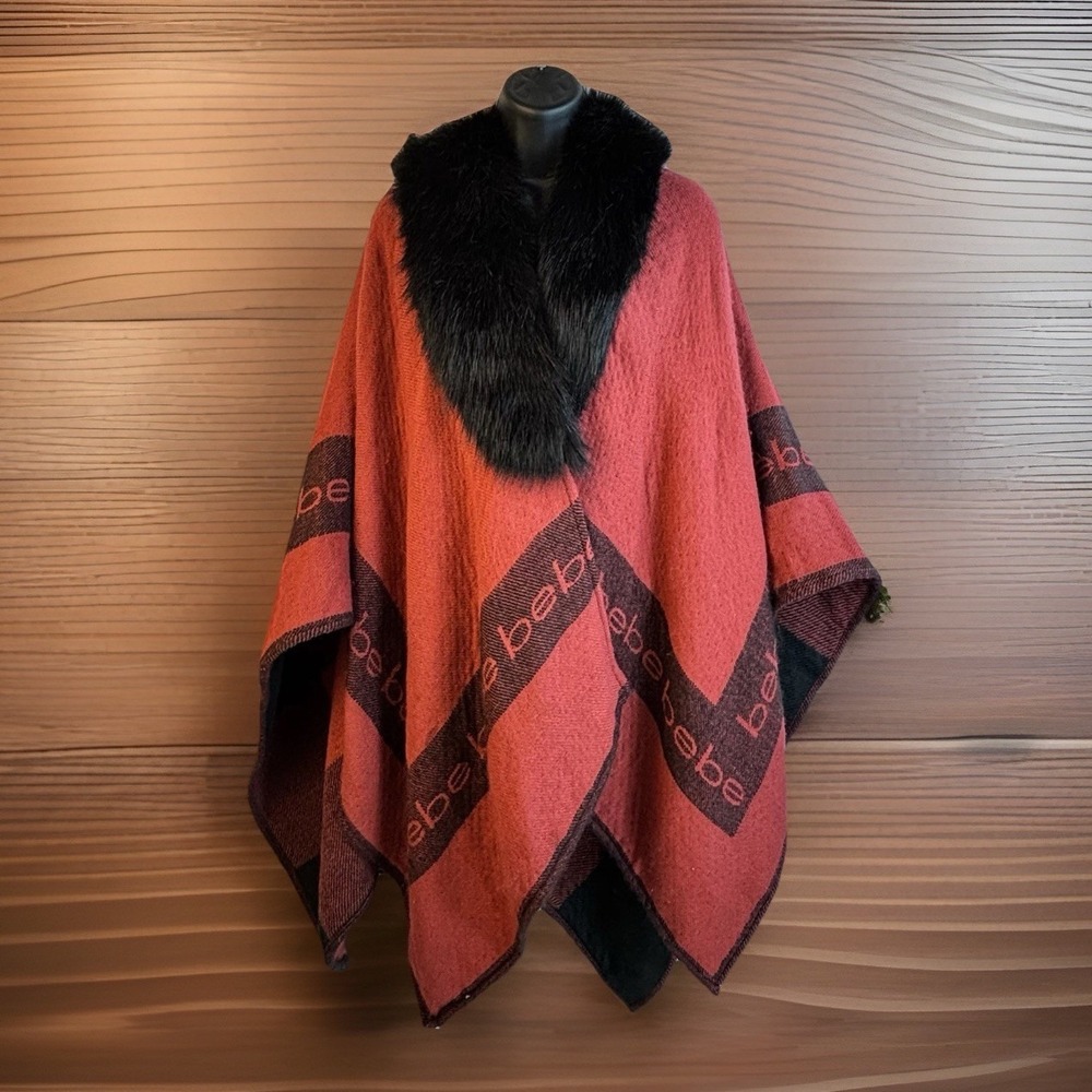 Vintage 90s Y2K Bebe Blanket Wrap Cape Faux Fur Collar Logo Pink Black Soft! OS